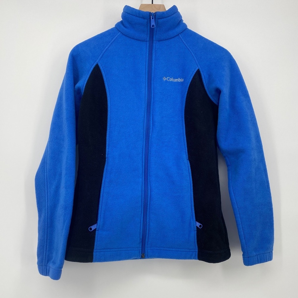 Columbia Fleece Jacket S Blue Black Colorblock Full Zip Mock Neck Excellent